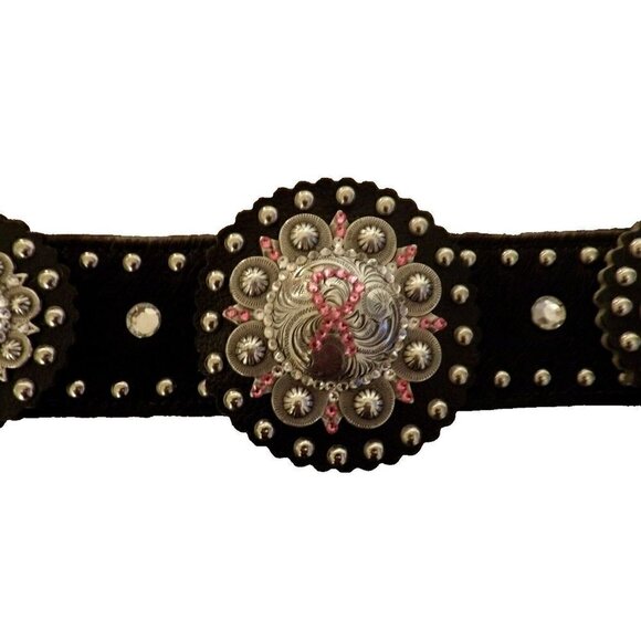 Western Accessories - Western Beautiful Black and‎ Silver Leather Concho Belt Cancer Free Ribbon
